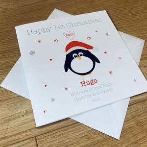 Personalised Baby's First 1st Christmas Card Penguin Any Name Any Message