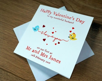 Personalised Our First 1st Valentine's Day together Love Birds Card Husband Mr and Mrs Boyfriend The One I love Any Name Any Message