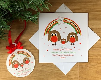 Personalised First 1st Christmas as a Family of Three Bauble and Card Lockdown 2020 Robins