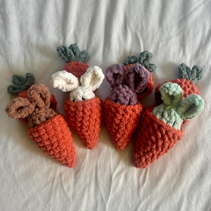 May include: A collection of five crocheted carrots, each with a different colored bunny peeking out. The carrots are orange, with green tops. The bunnies are brown, white, purple, and green. The items are arranged on a white surface.