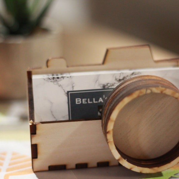Handgemaakte houten camera-visitekaartjeshouder, cadeau voor fotografen en kleine bedrijven, fotografie-visitekaartjes