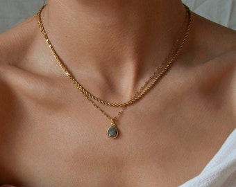 Labradorite Necklace Gold Filled Chain, Layered Necklace Set, Raw Labradorite Stone Necklace, Teardrop Gray Crystal Necklace Gold