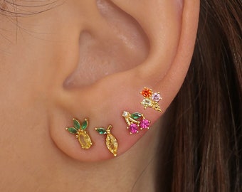 Gold Cherry Earrings, Lemon Earrings, Fruit Jewelry, Pineapple Earrings, Second Hole Earrings, Ice Cream Earrings