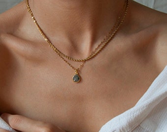 Labradorite Necklace Gold Filled Chain, Layered Necklace Set, Raw Labradorite Stone Necklace, Teardrop Gray Crystal Necklace Gold