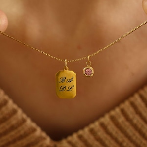 Collar con piedra de nacimiento familiar, collar con placa de identificación personalizada, colgante de oro personalizado, placa con nombre, regalo de joyería único para ella