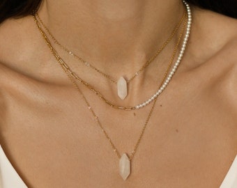 Collier quartz cristal clair, collier quartz clair brut, ensemble de colliers simples ou superposés en or, collier cristal brut or