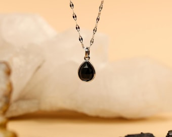 Black Obsidian Silver Chain Necklace: Engravable Natural Gemstone Pendant