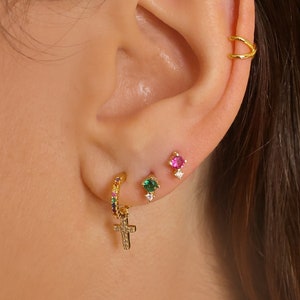Cross Hoop Earrings, Sterling Silver Cross Earrings, Huggie Hoop Earrings, Gold Huggie Earrings, Second Hole Earrings