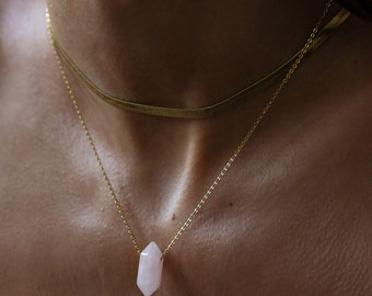 Raw Rose Quartz Necklace, Rose Quartz Point Necklace, Crystal Layered Necklace Gold Rose Quartz Drop Necklace , Raw Crystal Necklace Gold