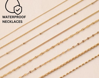 Collar de oro de 18K-Cadena de bolas-Cadena de bordillo- Collar satélite-Cadena de ancla-Cadena de cuerda-Collar de gargantilla de mujer-Collar de oro simple