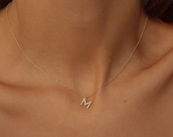 Sterling silver letter necklace, Tiny letter necklace, Letter M necklace, Dainty initial necklace gold, Small monogram necklace