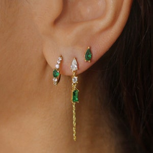 Gold Emerald Earrings, Cartilage earring chain, May Birthstone Earrings, Cartilage stud, Threader earrings sterling silver, Helix stud