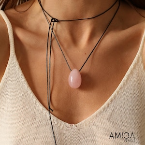 Rose Quartz Necklace- Adjustable Black Cord Necklace- Healing Crystal Pendant- Heart Chakra Stone- Handmade Spiritual Jewelry- Summer Gift
