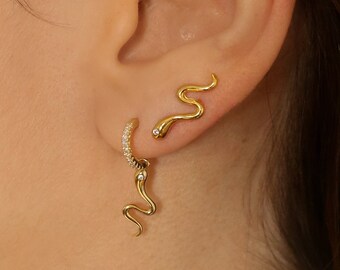 Boucles d'oreilles serpent en or, contour d'oreille, boucles d'oreilles grimpeur d'oreilles or, créoles serpent, contour d'oreille
