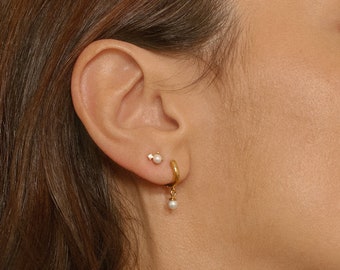 Sterling Silver Pearl Hoop Earrings: 18k Gold Vermeil Huggies