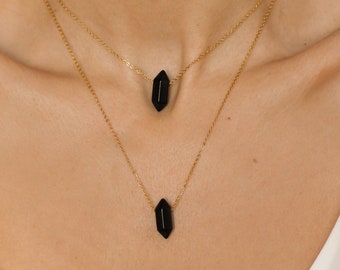 Collier en obsidienne noire, pendentif en obsidienne noire, collier superposé en cristal, collier en cristal brut or