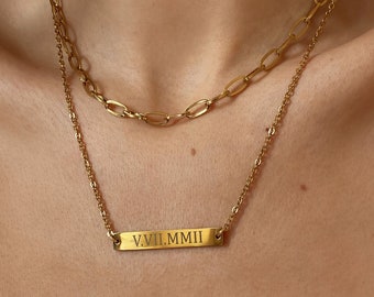 Roman Numeral Necklace, Wedding Date Necklace, Engraved Gold Bar Necklace, Anniversary Gift, Mothers Day Gift, Personalized Jewelry