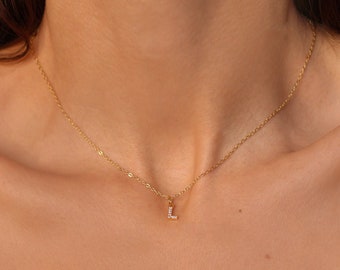 925 Sterling Silver Initial Necklace-Gold Letter Necklace-Simple Gold Initial Necklace-Diamond Initial Pendant-Gift for Her