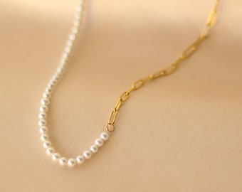 Tiny Pearl Necklace, Gold Paperclip Necklace, Valentines Gift for Her, Pearl Jewelry, Gift for Wife