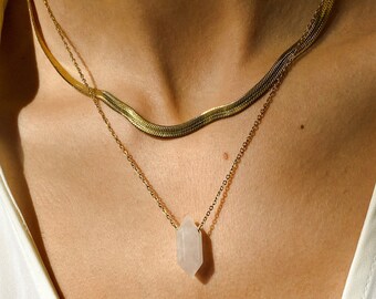 Raw Rose Quartz Necklace, Rose Quartz Point Necklace with Gold Filled Chain - Healing Crystal Gift for Wife