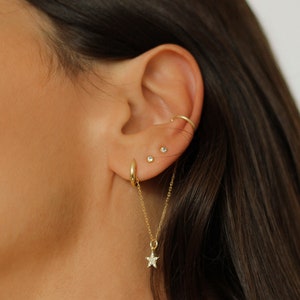 Huggie hoop earrings gold, Chain earrings gold, Silver threader earrings, Chain hoop earrings, Dangle threader earrings, Star Hoop Earrings