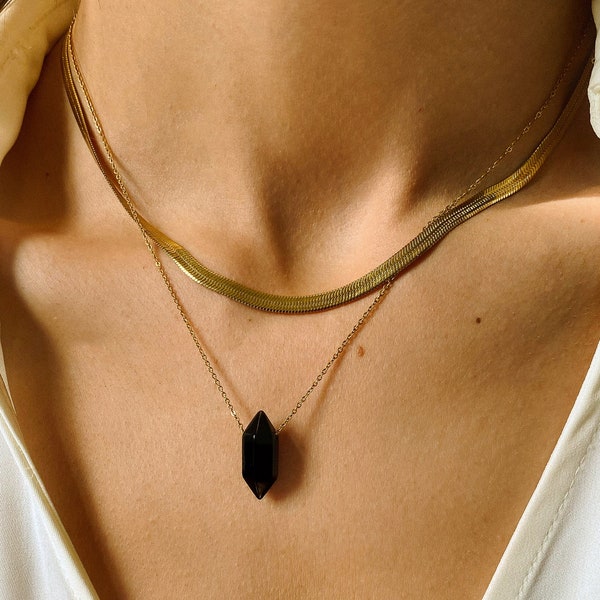 Raw Gemstone Necklace - Black Obsidian Point Necklace - Gold Chain - Unique Crystal Pendant - Perfect Christmas Gift for Her