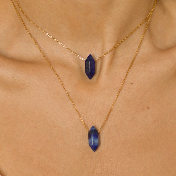 Rohe Kristall Halskette Gold, Lapis Lazuli Halskette Gold, einzelne oder geschichtete Halskette Set Gold, Lapis Lazuli Anhänger, Geschenke für Sie