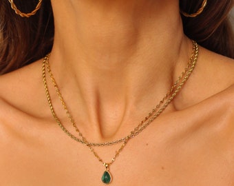 Labradorite Necklace Gold Filled Chain, Layered Necklace Set, Malachite necklace gold, Natural malachite pendant necklace