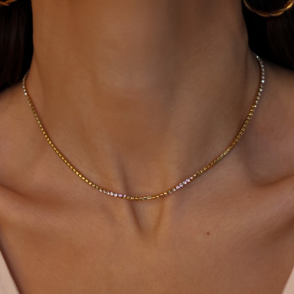 Thin Gold Tennis Necklace, Diamond tennis necklace, Diamond Necklace Gold, Dainty Choker Necklace, Christmas Gifts