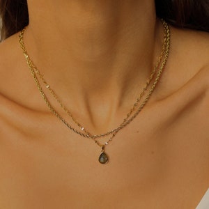 Labradorite Necklace Gold Filled Chain, Layered Necklace Set, Raw Labradorite Stone Necklace, Teardrop Gray Crystal Necklace Gold image 3