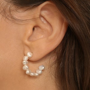 Keshi Pearl Earrings, Real Freshwater Pearl Earrings, Pearl Hoop Earrings Sterling Silver, Open Hoop Earrings