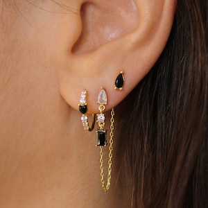 Black cz earrings, Mini hoop earrings gold, Second hole earrings, Tiny huggies, Gold helix hoop, CZ cartilage hoop