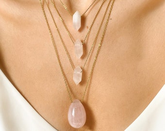 Raw Rose Quartz Necklace - Rose Quartz Crystal Point Necklace - Gold Chain - Ideal Christmas Gift for Her