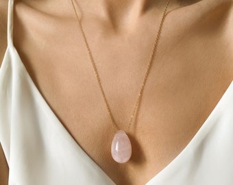 Raw Rose Quartz Necklace, Healing Crystal Necklace, Crystal Egg, Handmade Jewelry Gifts for Her, New Mom Gift