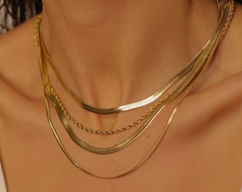 Flache Schlangenkette, Herringbone Halskette, Dicke Kette Choker, Herringbone Gold Choker, Gold Schlangenhalskette