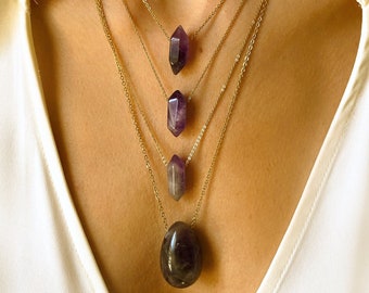 Raw Amethyst Crystal Necklace, Crystal Choker, Healing Crystal Necklace, Amethyst Point, Layered Necklace Set