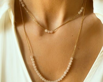 Rose quartz beaded necklace, Rose quartz gold necklace, Rose quartz choker, Dainty crystal choker, Gemstone station necklace