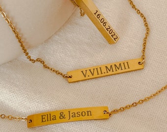 Wedding Date Necklace, Custom Engraved Gold Bar Necklace, Roman Numeral Necklace, Personalized Gifts for Women, Mothers Day Gift