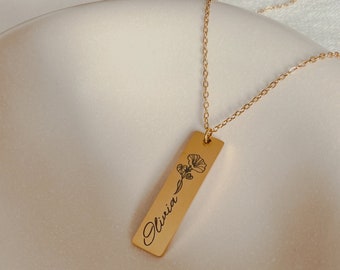 18k Gold Name Necklace with Birth Flower, Engraved Gold Bar Necklace, Floral Statement Necklace, Mom Jewelry, Mothers Day Gift, Gift for Her