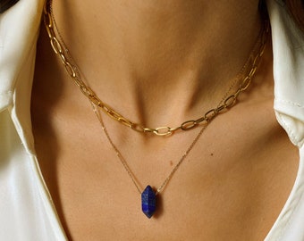 Lapis Lazuli Necklace, Paperclip Necklace, Healing Crystal Necklace, Gold Plated Choker Chain, Gold Choker Necklace