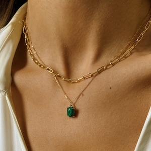 Malachite pendant necklace, Green raw stone necklace, Malachite crystal pendant, Thin gold chain