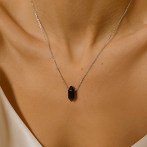 Black Obsidian Necklace-Black Obsidian Pendant-Raw Crystal Necklace-Silver-Gold-Crystal Point Necklace-Crystal Jewelry-Birthday Gift for Her