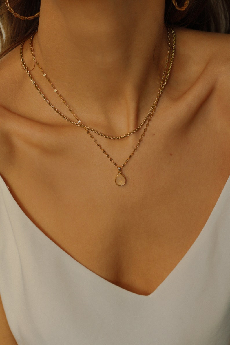 Labradoriet ketting goud gevulde ketting, gelaagde ketting set, ruwe labradoriet stenen ketting, Teardrop grijs kristal ketting goud afbeelding 9