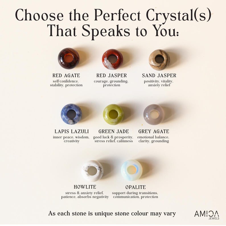 May include: Image featuring nine different gemstones, each with a unique color and name. The text reads "Choose the Perfect Crystal(s) That Speaks to You:" with descriptions of each stone's properties. The gemstones include Red Agate, Red Jasper, Sand Jasper, Lapis Lazuli, Green Jade, Grey Agate, Howlite, and Opalite.