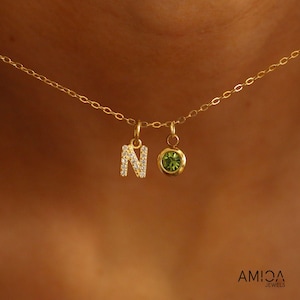 Colar delicado com pedra de nascimento, colar com várias letras, pingente com pedra de nascimento, joias personalizadas, presentes de Natal exclusivos para a mãe