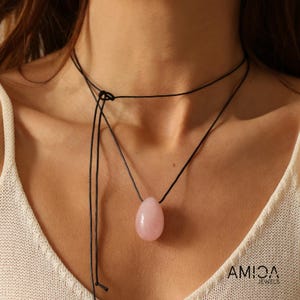 Adjustable Black Cord Necklace with Rose Quartz Pendant- Raw Crystal Necklace-Heart Chakra Stone- Spiritual Jewelry- Summer Gift for Her