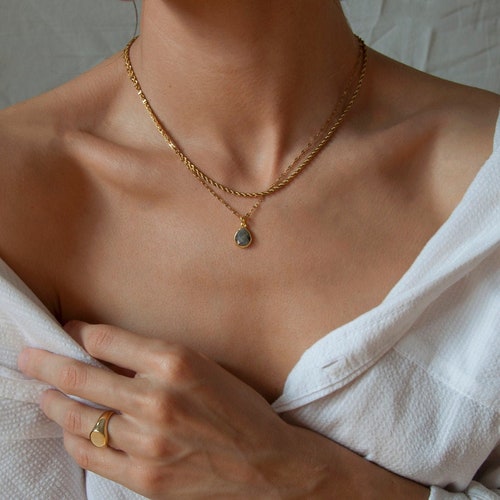 Collier labradorite or rempli de chaîne, ensemble de colliers en couches, collier en pierre de labradorite brute, collier en cristal gris larme