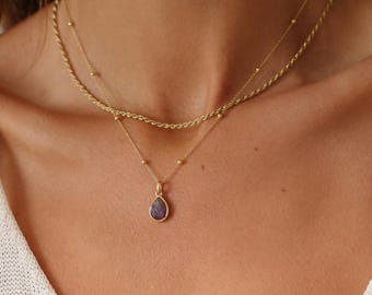 18K Gold Plated Custom Charm Necklace, Amethyst Teardrop Pendant- Engraved, Waterproof, Non-Tarnish, Boho Jewelry Set