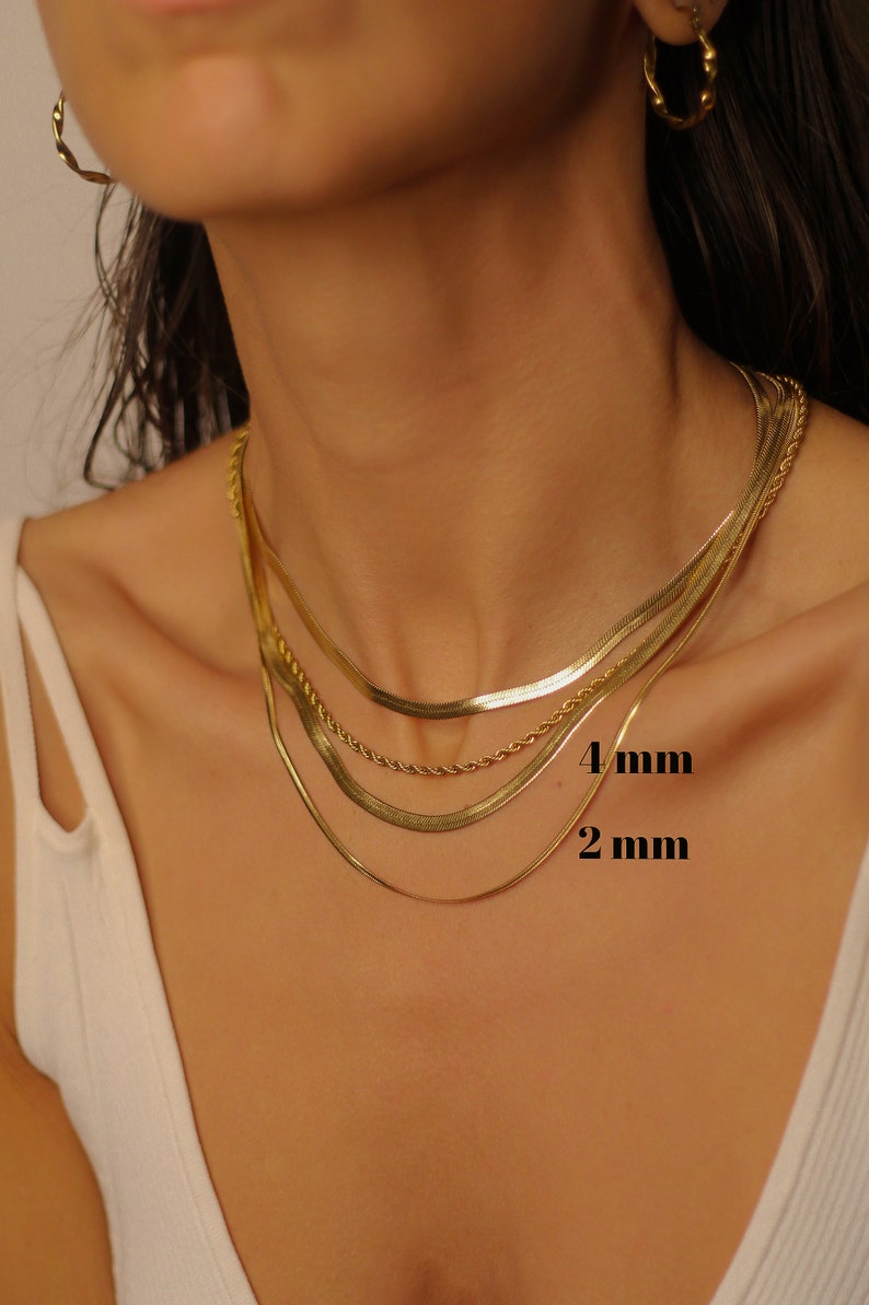 Platte slangenketting, visgraatketting, dikke kettingchoker, visgraat gouden choker, gouden slangenketting 4mm snake chain