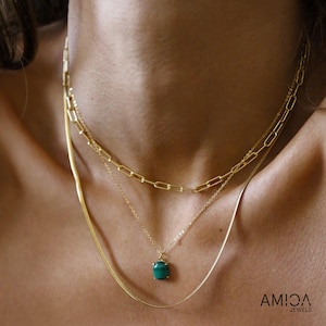Raw Malachite Necklace, Delicate Gold Chain Necklace, Negative Energy Protection Amulet, Scorpio Crystal, 1st Anniversary Gift for Wife